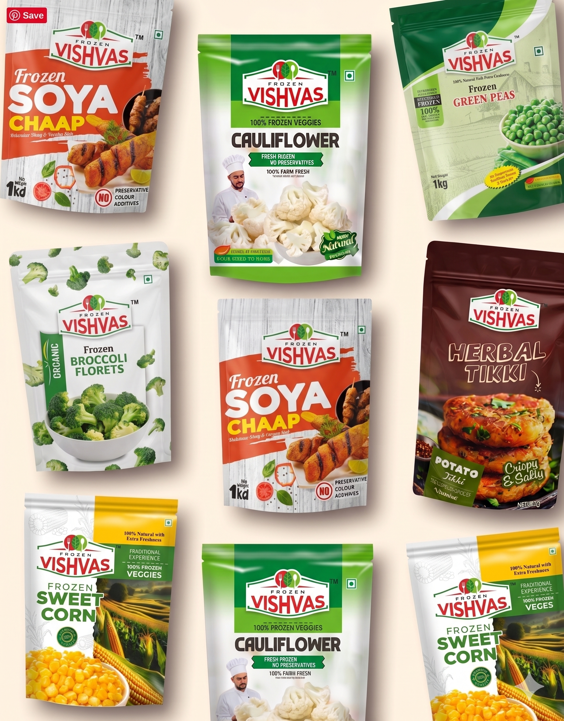 Frozen Vishvas product packaging for frozen vegetables and snacks
